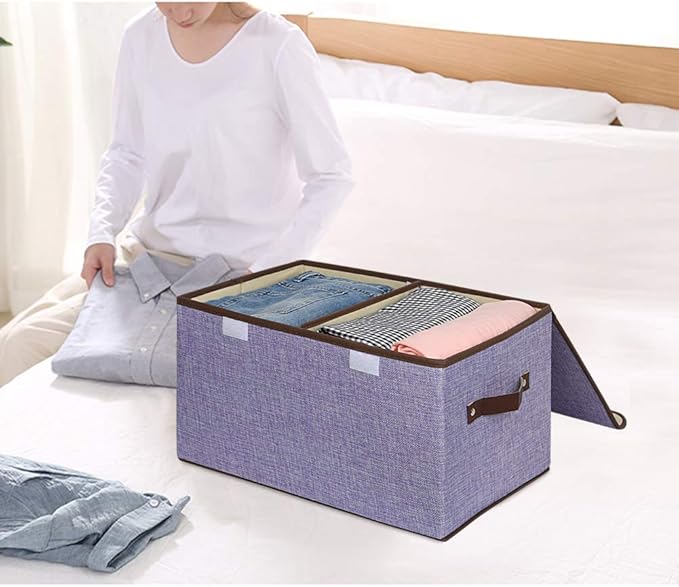 UUJOLY Large Storage Bins Linen Fabric Foldable Basket Cubes Organizer Storage Boxes Drawer with Lid and Handles for Home, Office, Closet, Bedroom, Nursery (Purple-2pcs)