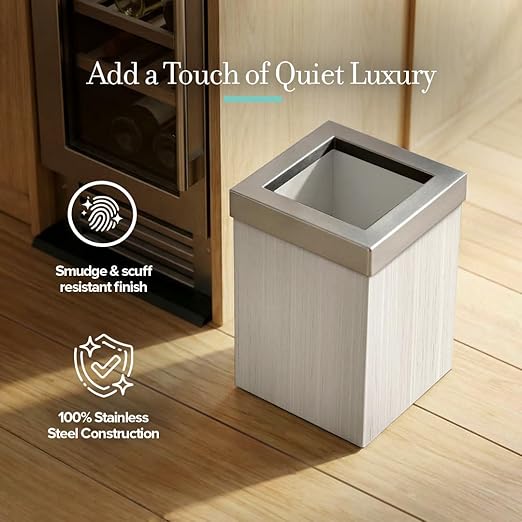 Gatco Small Bathroom Trash Can with Lid, Square 3 Gallon Wastebasket, Under Sink, White Oak with Satin Nickel, for Bathroom, Bedroom, Office (1936SN)