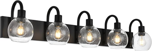 Bathroom Light Fixtures 5-Lights Matte Black Farmhouse Vanity Lighting with Seeded Globe Glass for Over Mirror