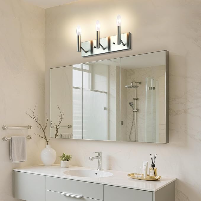 Kalium Bathroom Light Vanity Fixtures Over Mirror, 3-Lights Modern Brushed Nickel Wall Sconces, Minimalist Wall Lights for Livingroom Bedroom Entryway Hallway Staircase, E12 Base(Bulbs Not Included)