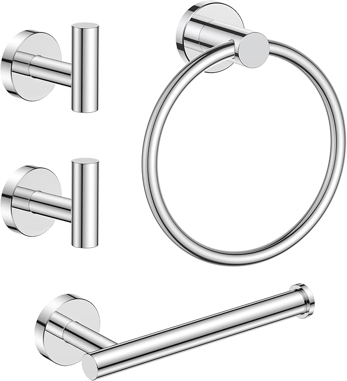 FORIOUS 4 Piece Bathroom Accessories, SUS304 Stainless Steel Toilet Paper Holder, Towel Ring and 2 Towel Hooks, Wall Mounted Bathroom Hardware Set (Chrome)