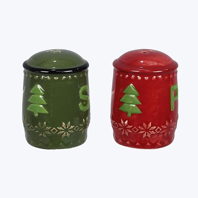 Young’s Inc Ceramic Salt Shaker, Christmas Holiday Salt and Pepper Set, Red & Green S/P Seasoning Set, Modern Kitchen Décor and Accessories, Spice Set