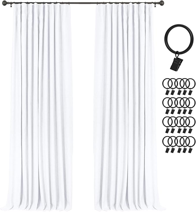 INOVADAY 100% Blackout Curtains for Bedroom, Black Out Curtains 120 Inch Long, Clip Rings Linen Blackout Drapes, Thermal Insulated Room Darkening for Living Room, 2 Panels - Brightwhite,W50xL120