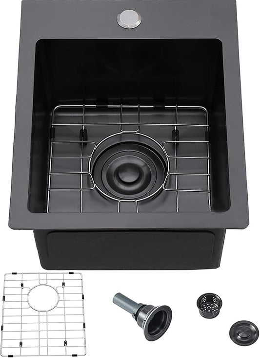Black Bar Sink Drop in, 15 x 17 Inch Topmount RV Small Kitchen Sink, Handmade Stainless Steel Wet Bar Sink, Outdoor Single Bowl Prep Sink with Dish Grid & Drain