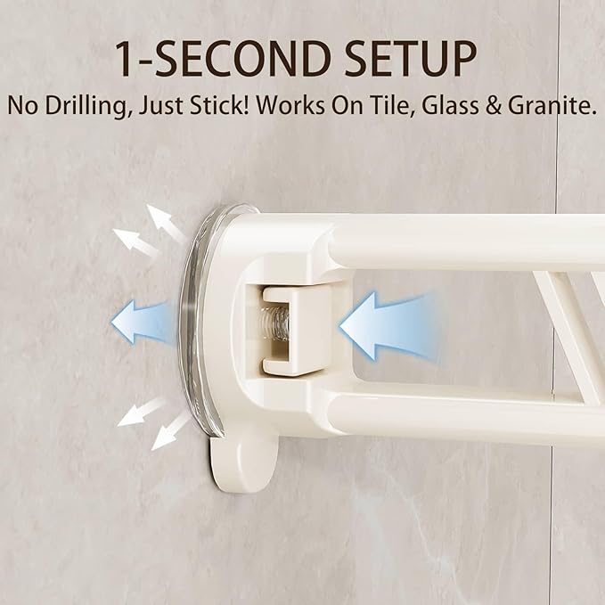 12" Shower Caddy Suction Cup, Concealed Shower Shelves Suction Cup with Hooks & Towel Bar, NO-Drilling Suction Shelf for Bathroom & Kitchen - White