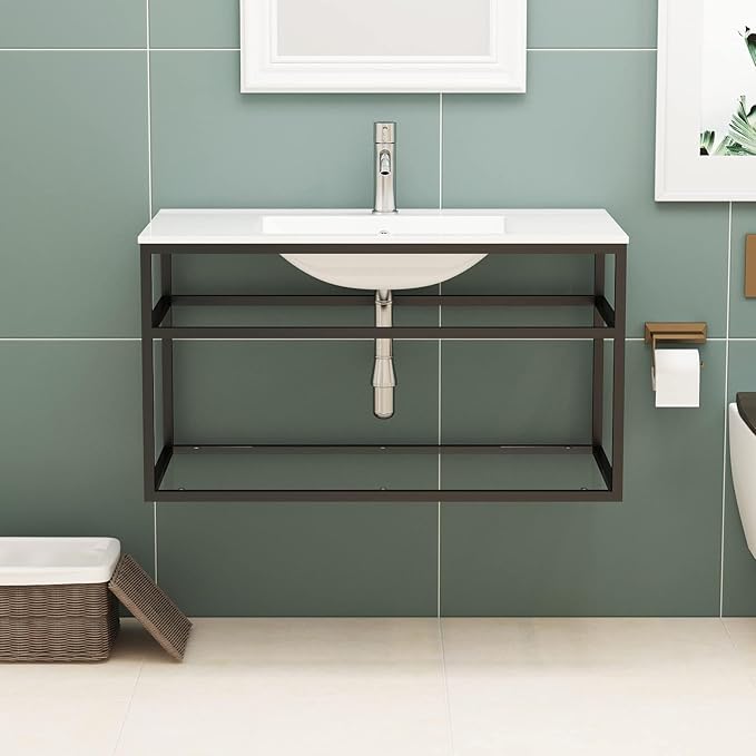 wonline 36 inch Console Bathroom Sink, White Ceramic Vanity Basin with Faucet, Wall Mount Vanity Basin for Bathroom, Laundry Room, Garage, Basement, Indoor, Outdoor