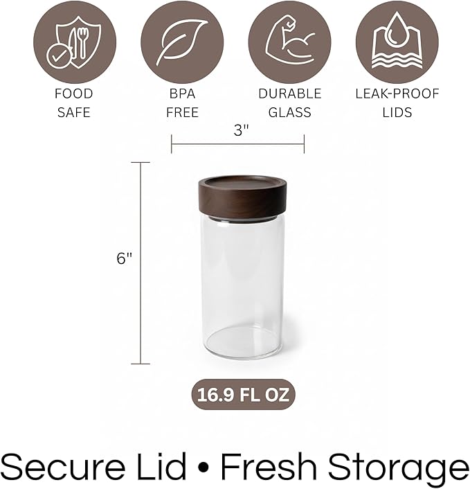 Wide Mouth Glass Storage Jars With 3" Acacia Wood Lids - 6 Pack of 16.9 Oz Airtight Food Storage Containers - Borosilicate Glass Canisters for Kitchen - Pantry Organizers Storage for Flour Rice Coffee