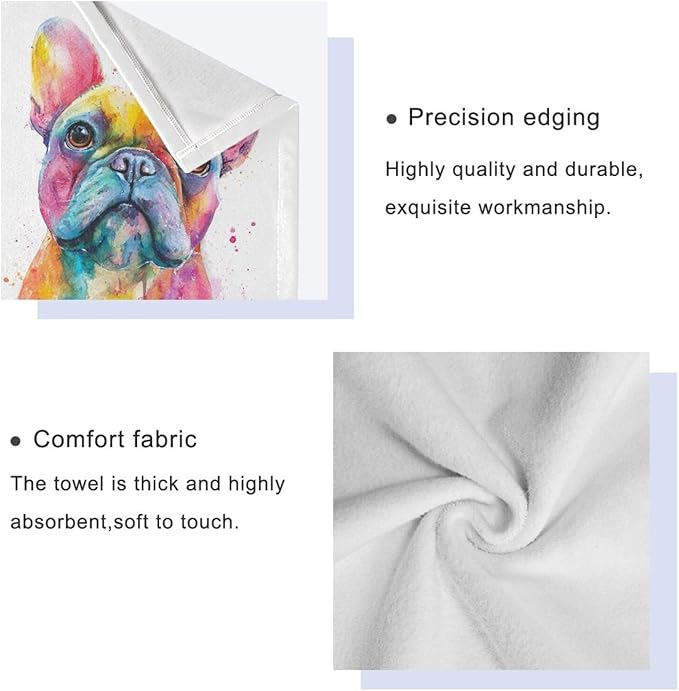 French Bulldog Puppy Towels Set of 3 Watercolor Dog Colorful Art Bathroom Towel Soft Absorbent Bath Hand Towels Washcloth Guest Towel Sets Bathroom Decorations