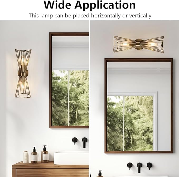 Brass Wall Sconces,Mid Century Wall Sconce Large 2 Light Vanity Light Hardwired Vintage Sconces Wall Lighting Fixtures for Bedroom Living Room Bathroom Hallway E26
