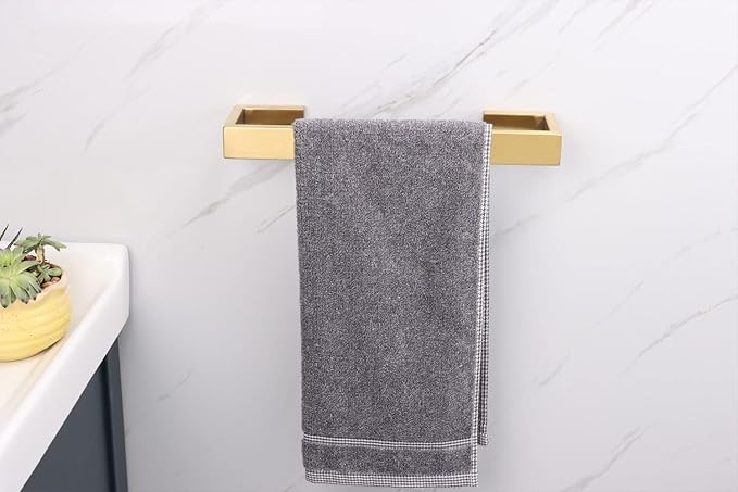 TocTen Bath Towel Rack - Square Base Thicken SUS304 Stainless Steel Towel Bar for Bathroom, Bathroom Bar Accessories Towel Rod Heavy Duty Wall Mounted Towel Holder (Brushed Gold, 12 Inch)
