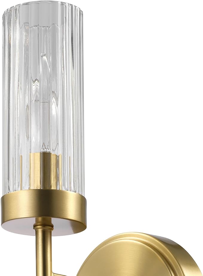 Globe Electric 1-Light Wall Sconce, Matte Brass, Ribbed Clear Glass Shade, E12 Candelabra, Dimmable, 65000103