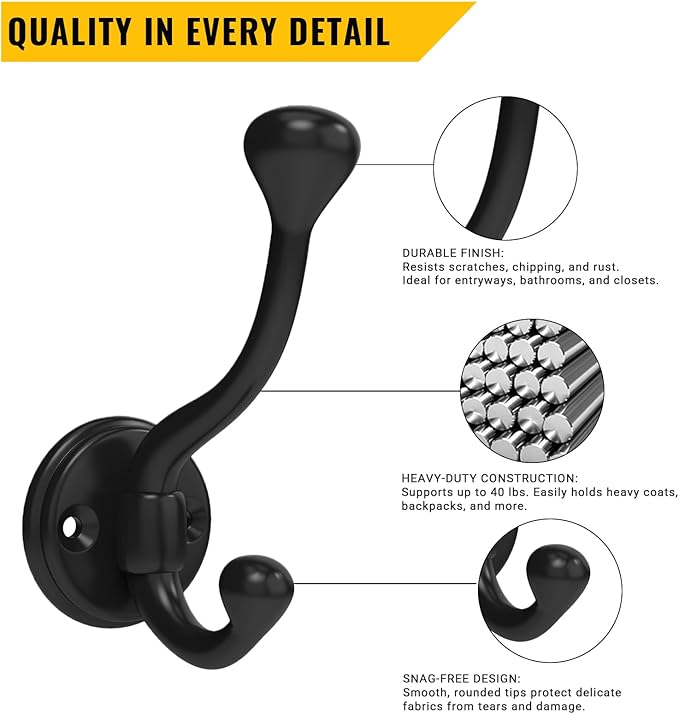 6 Pack Wall Hooks for Hanging, Heavy Duty Coat Hook Wall Mount, Easy to Install Metal Closet Hooks, Apply to Bathrooms, Bedrooms, Living Rooms, Entrances (Black)