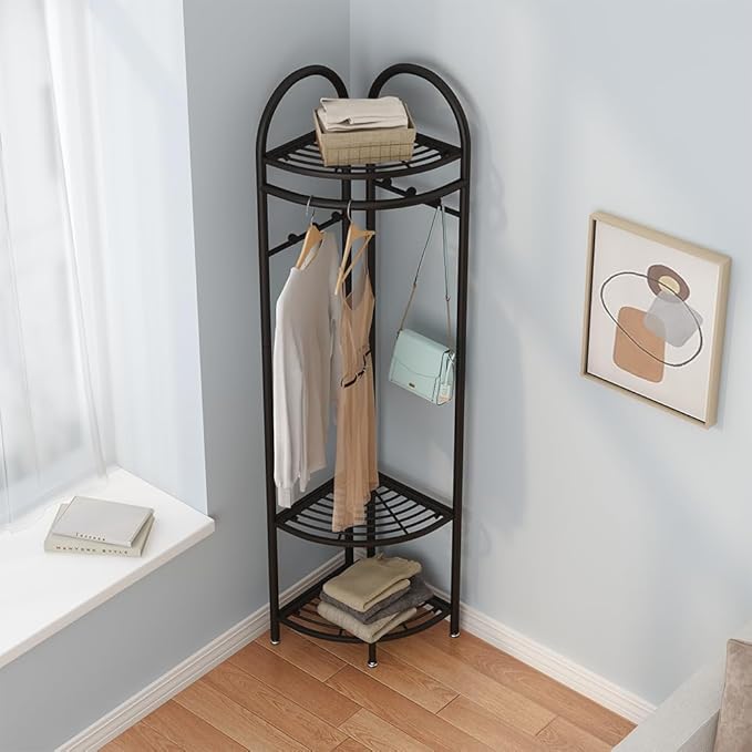 Black Corner Hall Tree, Freestanding Garment Rack with 6 Hooks and Storage Shelf, Metal Clothing Racks Coat Racks for Hallway, Entryway, Bedroom, Living Room, Office(Black)