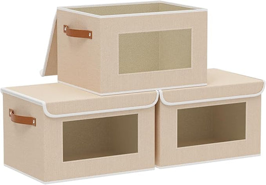 Foldable Storage Boxes with Lids, Linen Closet Organizers,10.2 x 7.8 x 6.7 Inch Storage Bins for Shelves with Handles, Beige, 3-Pack