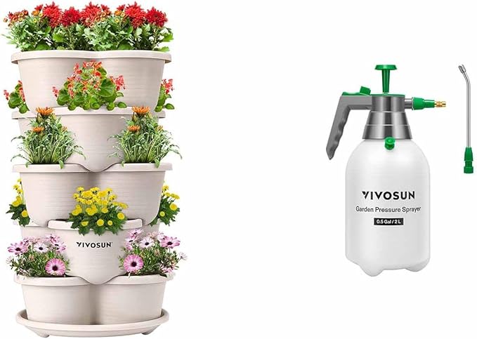 5 Tier Vertical Gardening Stackable Planter and 0.5Gal Handheld Garden Sprayer, 2L Pump Sprayer, 68 Oz Water Spray Bottle with Safety Valve, Adjustable Nozzle, Extended Spray Rod & Ad