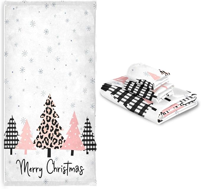 Plaid Pink Christmas Tree Towels Set of 3 Winter Forest Leopard Tree Grey Snowflakes Bathroom Towel Soft Absorbent Bath Hand Towels Washcloth Guest Towel Sets Xmas Holiday Decor