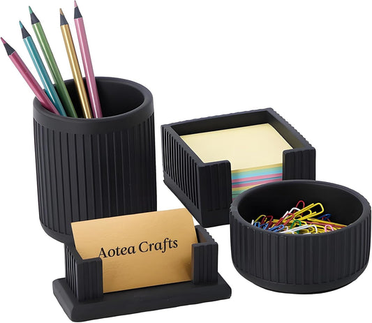 Concrete Desk Organizer Set of 4 — Pen, Card, Note & Clip Holder, Minimalist
