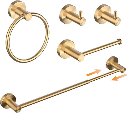 SHUNLI 5 Pieces Bathroom Accessories Hardware Set (Adjustable Towel Bar 16 to 26 Inch, Toilet Paper Holder, Towel Ring, 2PCS Hook) Brushed Gold Wall Mounted Bath Fixtures Set, SUS304 Stainless Steel