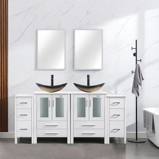 eclife 72" Modern Bathroom Vanity Sink Combo Freestanding Cabinet with Small Side Cabinet, Champagne Boat Glass Vessel Sink, Water Save Faucet, Drain (White+A29CH)