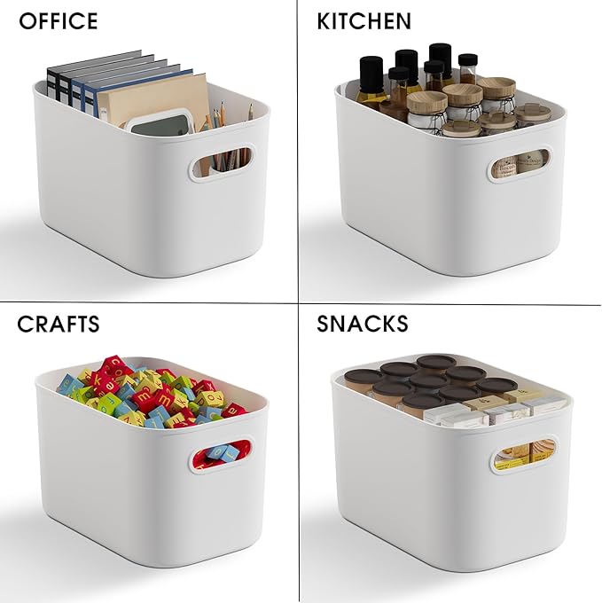 10 Pack White Plastic Storage Bins, Storage Container for Organizing, Storage Boxes with Handle for Shelves, Cute Organizer Bins for Craft, Snacks, Pantry, Cabinet, 9.69x6.7x5.7 inch