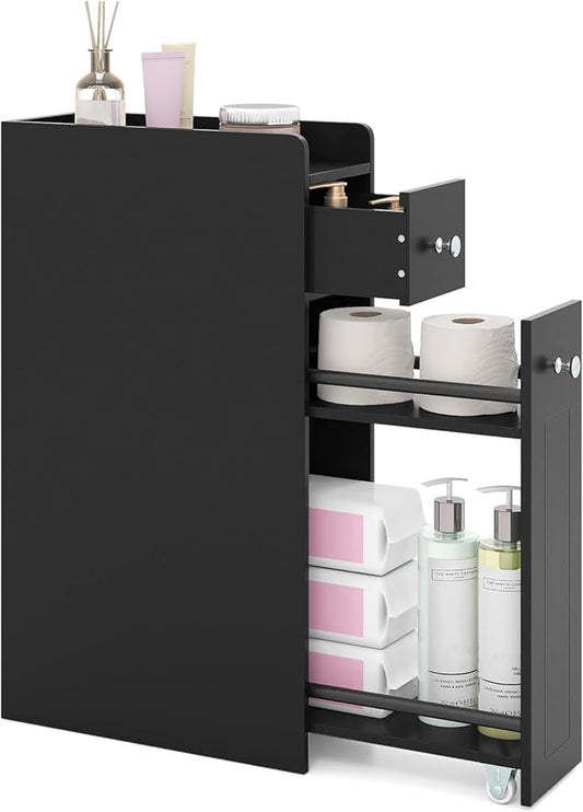 Tangkula Slim Bathroom Storage Cabinet, 4-Tier Narrow Small Side Storage Cabinet Next to Toilet, Slide Out Drawers on Casters, Bathroom Floor Organizer Toilet Paper Holder for Small Spaces (Black)