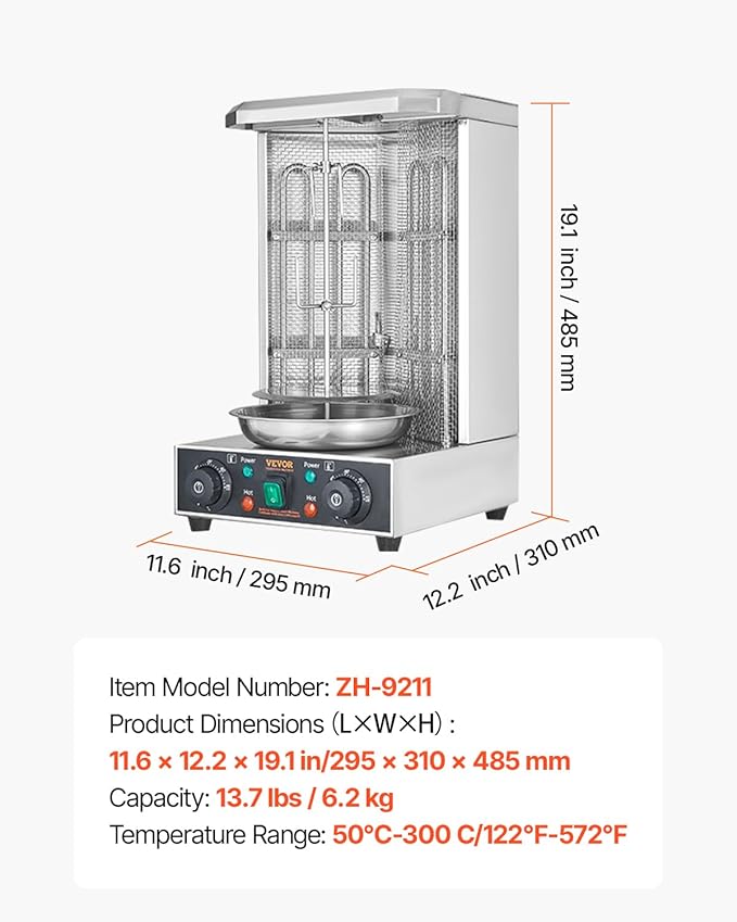 VEVOR Shawarma Grill Machine, 122°F-572°F, 13lbs Capacity, Chicken Shawarma Cooker Machine with 2 Burners, Stainless Steel, Electric Vertical Broiler Gyro Rotisserie Oven for Home and Commercial Use