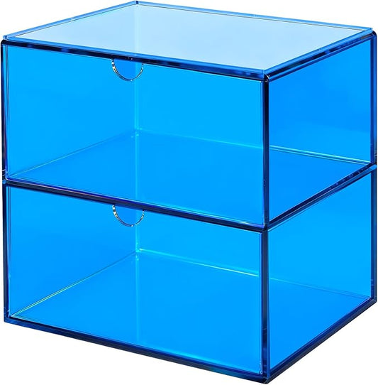 Acrylic Desk Organizer with Drawers Stackable Makeup Organizer for Vanity Office Countertop Cosmetic Display Cases Makeup Storage Box, Sky Blue