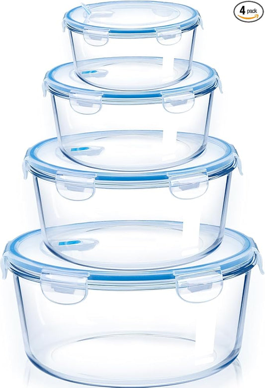 NUTRIUPS 15/30/54/95oz Round Large Glass Food Storage Containers with Lids,Glass Bowl & Meal Prep Containers with Lids,4-Piece Set