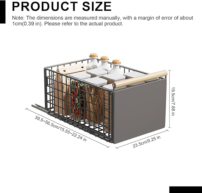 Pull Out Cabinet Sliding Basket, Under Sink Mesh Drawer Organizer with Handle, Metal Kitchen Bathroom Organization Shelf, Countertop Pantry Storage Shelves with Adhesive Nano Tape (Gray, L)