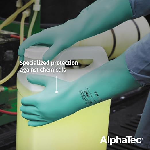 Ansell AlphaTec Solvex 37-175 Flocked Chemical-Resistant Gloves for Cleaning, Agriculture, Food, Mechanics, Oil - Med, Green (12 Pairs)