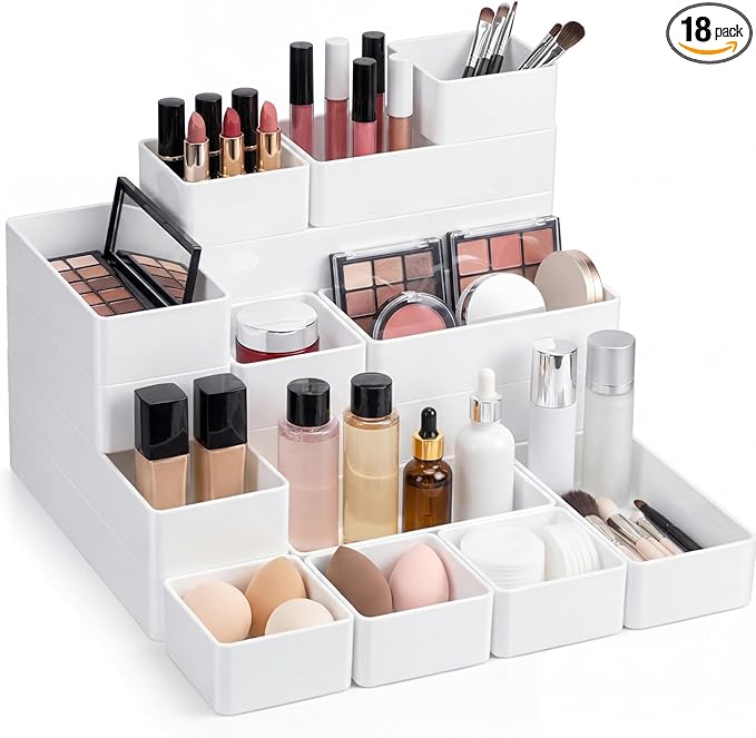 18 Pcs Drawer Organizer Stackable 4 Size Makeup Drawer Organizer Trays Acrylic Bathroom Vanity Storage Bins for Cosmetic, Jewelries, Office Supply, Kitchen Utensils (White,Glossy)