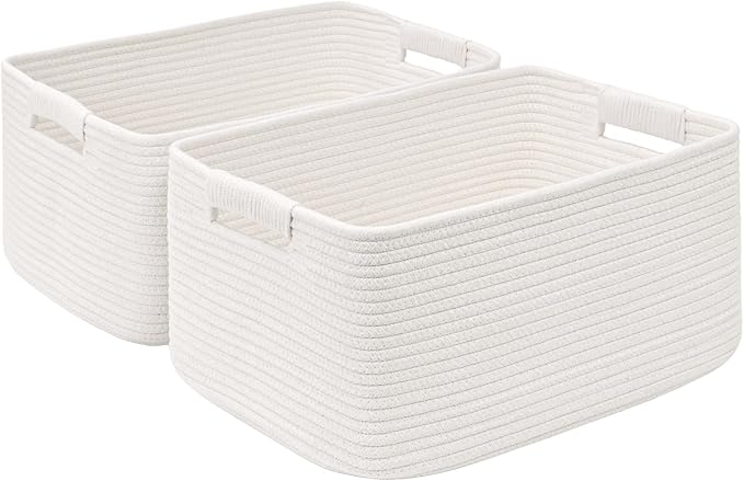 2 Pack Large Storage Basket for Organizing, 17.5"x13"x7" Woven Basket for Shelves, Closet Cube Storage Bins with Wrapped Handle, Cotton Rope Baskets for Kitchen, Clothes, Toys(Off White)
