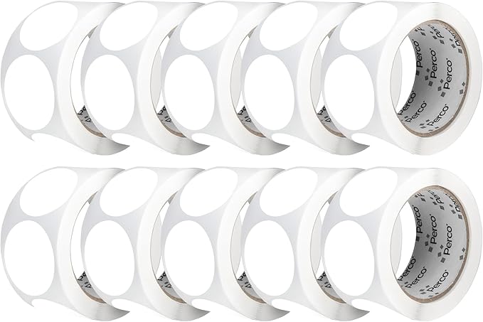 Perco White 2-Inch Perforated Circle Dot Sticker Labels — 10 Rolls, 5,000 Round Stickers — with Permanent Adhesive for Organizing, Color Coding, Bin Labeling, Packaging Alerts—Made in USA