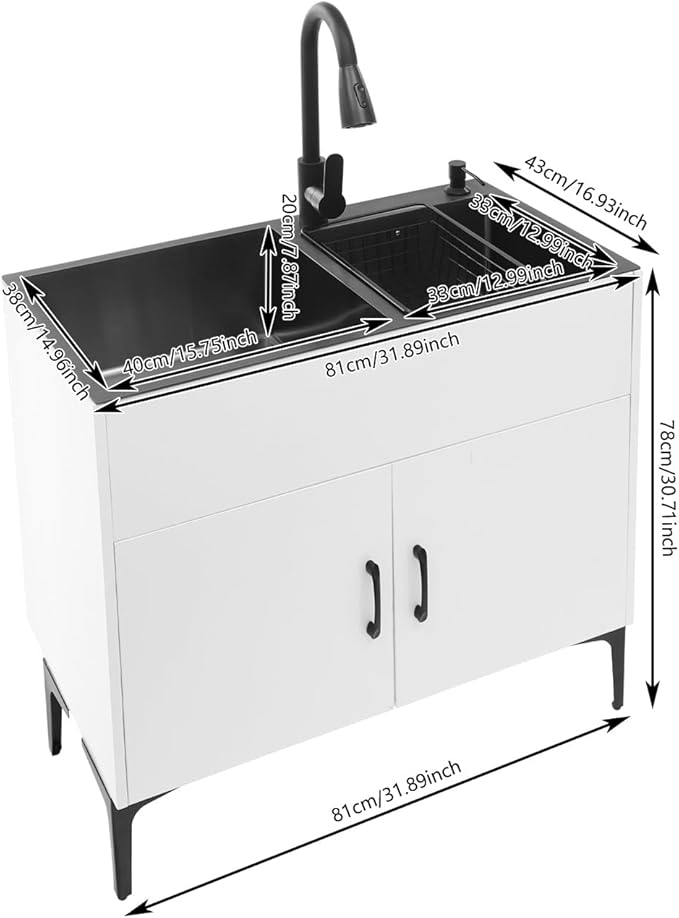 Laundry Sink with Cabinet, Utility Room Stainless Steel Sink with Pull-Out Faucet Dual Bowls, Freestanding Kitchen Bathroom Laundry Tub with Cabinet 31.89x16.93x30.71in(White)