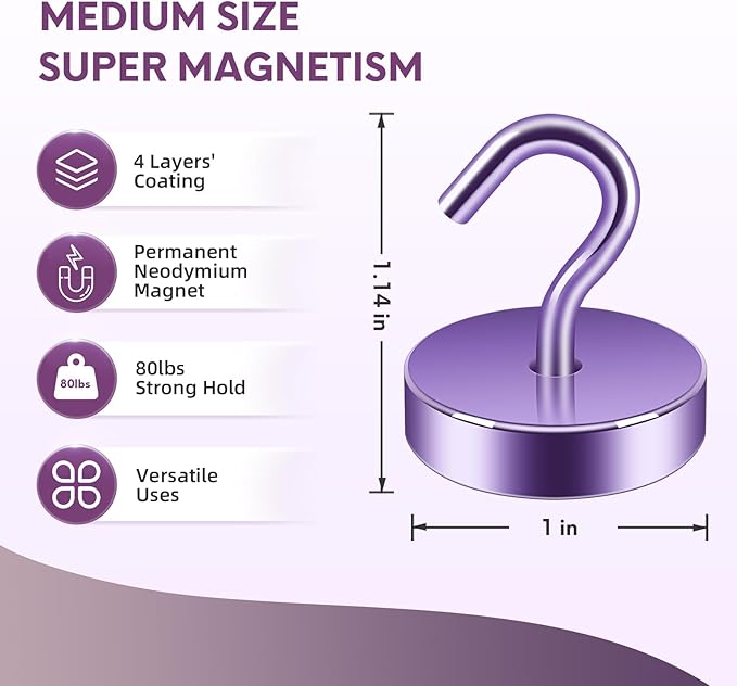 Neosmuk Magnetic Hooks, Cruise Ship Essentials, 8lb+ Heavy Duty Magnetic Hooks for Cruise Cabins, Refrigerator, Grill, Hanging, and Travel | Extra Strong Must-Haves Magnet Hook,Purple
