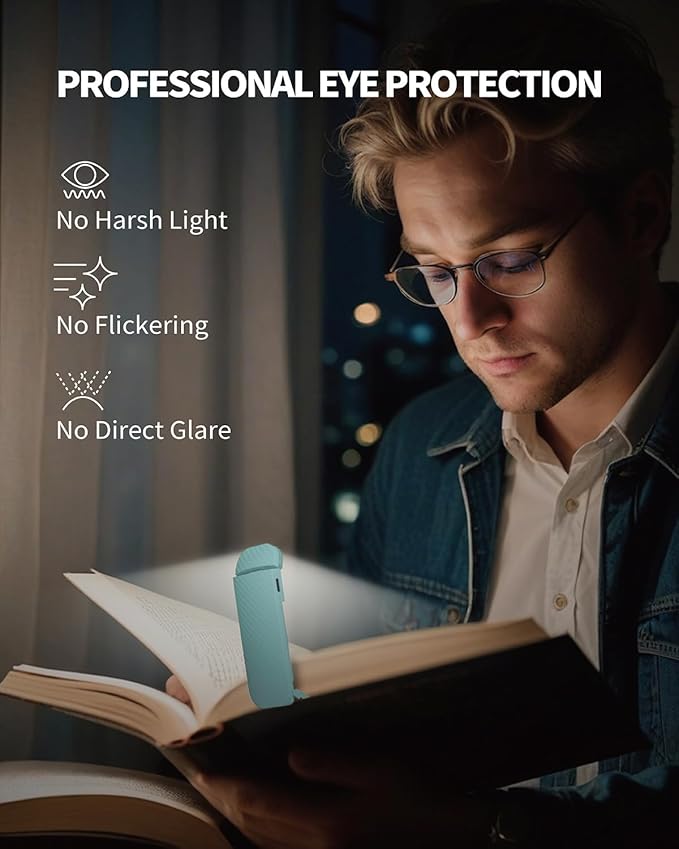 Book Reading Light, Rechargeable Clip on Booklight, Eye Caring 3 Color Temperatures & 5 Brightness Levels, Night Use for Bed, Long Lasting, Reading at Night in Bed, Light Blue