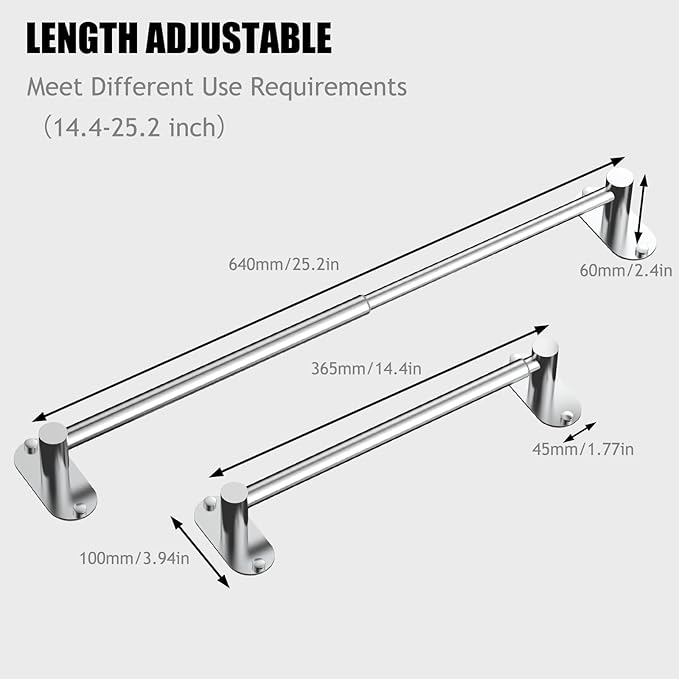 Towel Bar, Adjustable 14.4inch - 25.2inch Towel Rack, Self Adhesive & Wall Mounted for Bathroom Kitchen Hand Towel Holder Cloths Hanger SUS 304 Stainless Steel Organizer Single Bar (3, Chrome)