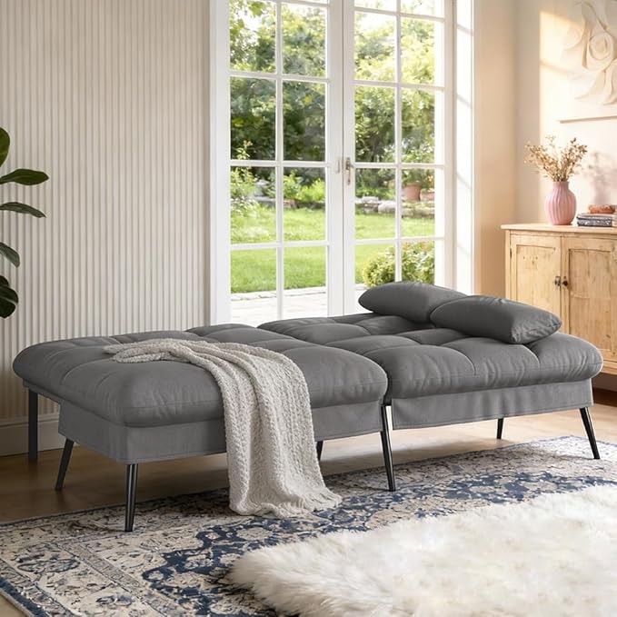 COMHOMA 72″Futon Sofa Bed,Modern Convertible Sleeper Sofa, Fabric Futon Couch with Multi-Position Backrest for Living Room Furniture (Gray)