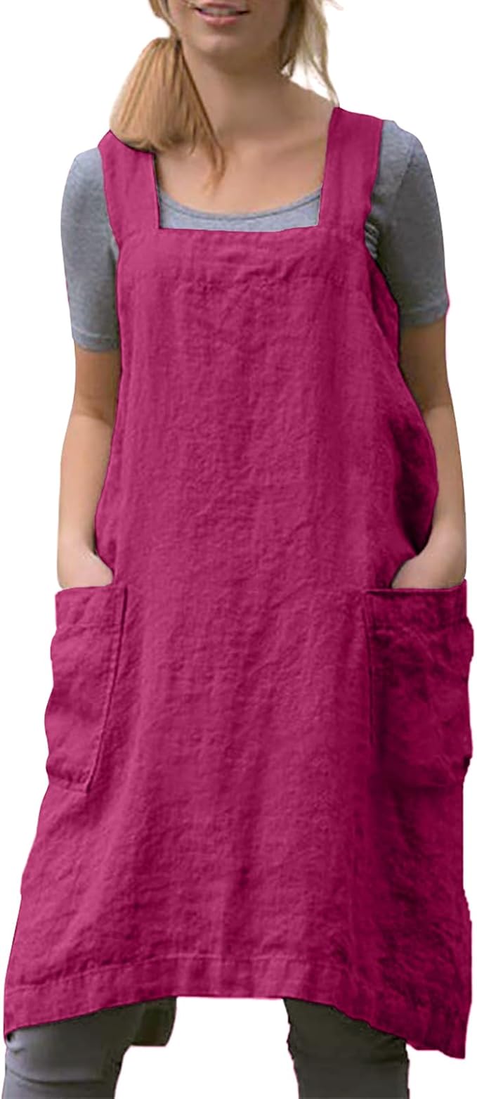 Women Apron with 2 Pockets Cotton Linen Kitchen Baking Cooking Chef Cross Back Pinafore Dress