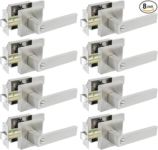 KAMOTA Privacy Door Levers, 8 Pack Satin Nickel Door Handles Bed and Bath Door Locks Interior Keyless Locksets, Left and Right Hand Reversible