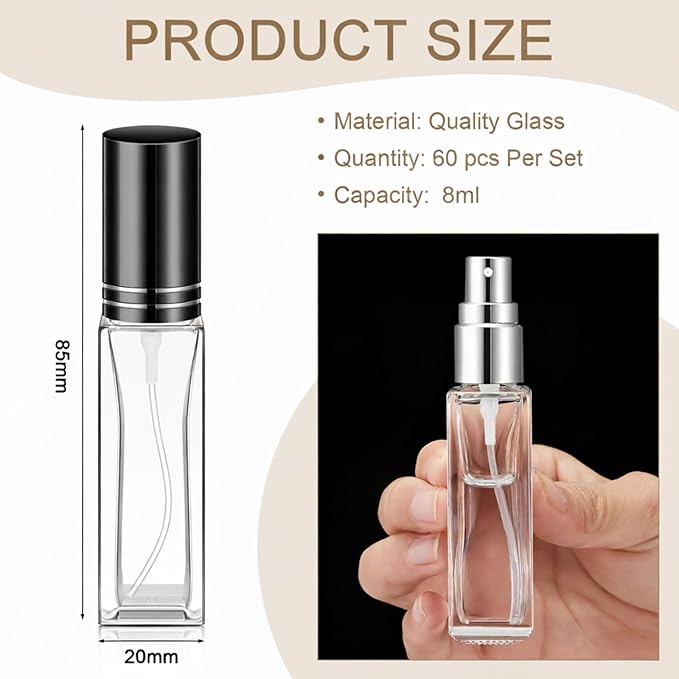 Domensi 60 Pcs 8 ml Empty Glass Perfume Bottles Bulk - Gold,Silver,Black Refillable Cologne Spray Atomizer with Pump, for Travel, Skincare, Haircare, Cleaning & DIY Essentials