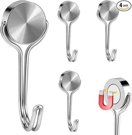 Magnetic Hooks, Heavy Duty 304 Stainless Steel Magnet Hooks for Cruise Refrigerator Grill,Strong Magnet with Hooks for Home Kitchen, Garage Toolbox,4pack （Silver,1.1in-1 22Lbs）