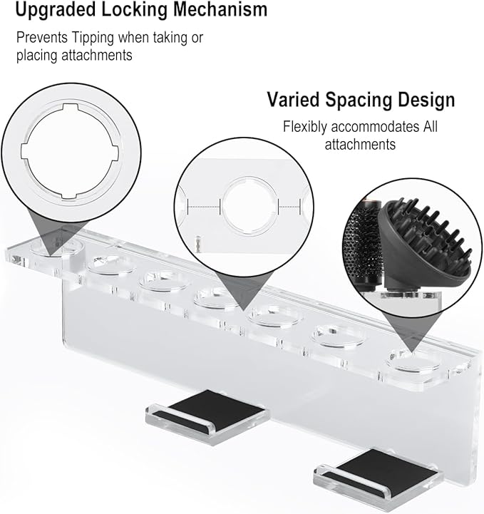 Storage Holder Wall Mount for Dyson Airwrap Attachment, Upgraded 7 Holes Acrylic Organizer Rack for Airwrap Styler Accessories, for Bathroom Vanity, Save Space, Crystal Clear