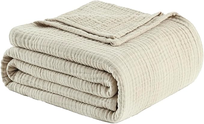 Muslin Blanket 100% Cotton Blanket Throw 90”x90”, Lightweight Breathable Summer Blanket Throw. Supersoft 4-Layer Gauze Throw Blanket for Sofa, Couch, Bed, All-Season Use, Oatmeal