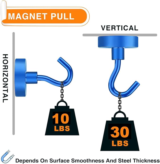 MIKEDE Magnetic Hooks, 30Lbs Neodymium Magnets with Hooks Heavy Duty for Refrigerator, 10Pcs Strong Cruise Hooks for Hanging, Magnetic Hanger for Grill, Toolbox, Storage - Blue