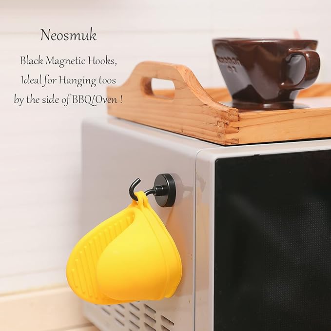 Neosmuk Black Magnetic Hooks, Strong Magnet with Hook for Fridge, Super Neodymium Extra Strength Industrial Hooks for Hanging (Matte Black,4 Pack)