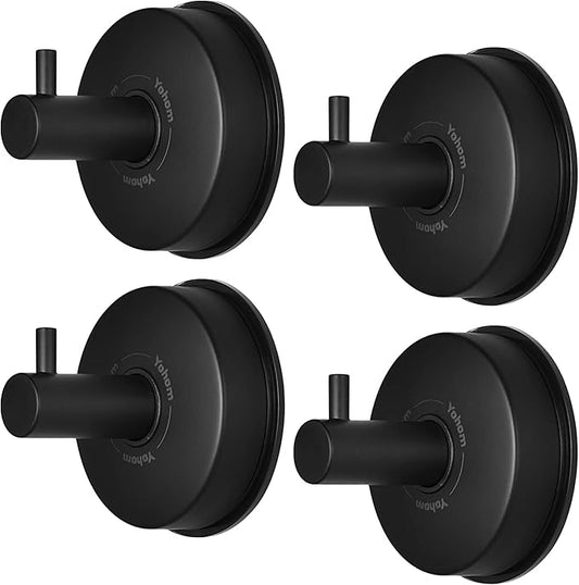 YOHOM Suction Cup Hooks Shower Towel Holder Stainless Steel Vacuum Bathroom Shower Hook Suction Towel Rack Kitchen Organizer for Bathrobe Loofah Matte Black 4Pcs