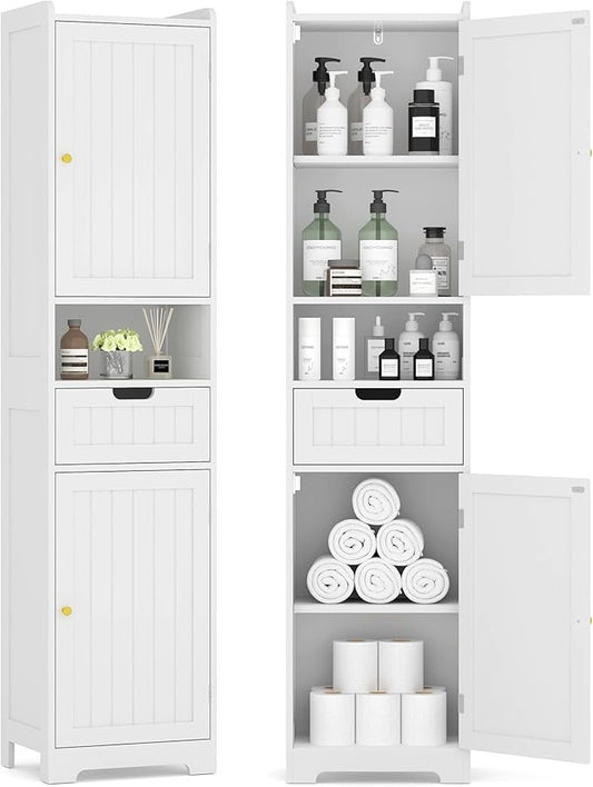 Tall Bathroom Storage Cabinet, 67" Narrow Storage Cabinet with Adjustable Shelves 2 Doors and 1 Drawers Modern Cabinet for Bathroom, Entryway, Living Room, Kitchen (White)