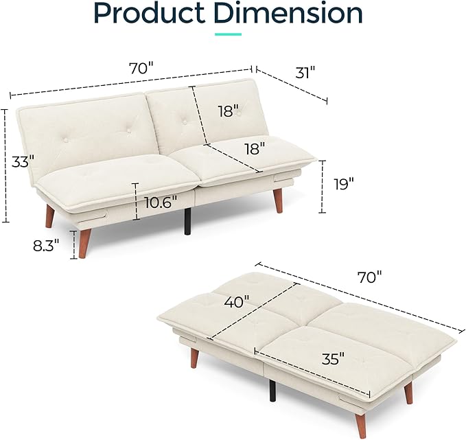 LINSY HOME Futon Sofa Bed, 70" Chenille Futon Couch with Adjustable Backrest Armrest, 3 in 1 Convertible Comfy Loveseat Sleeper Sofa Bed for Small Spaces Dorm Room Apartment Home Office, Beige White