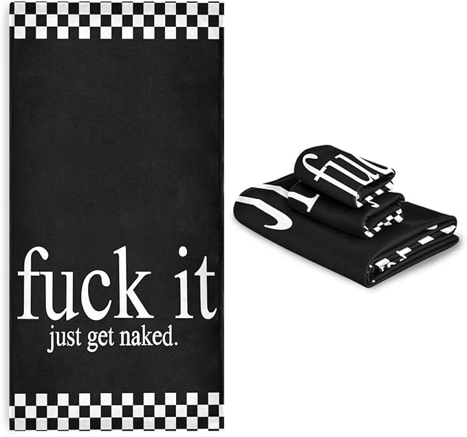 Black and White Checkered Bath Towels Set,Ultra Soft 3 Piece Funny Quotes Get Naked Towels for Bathroom,1 Bath Towel 1 Hand Towel 1 Washcloth,Absorbent Quick Dry Decoractive Bathroom Towels